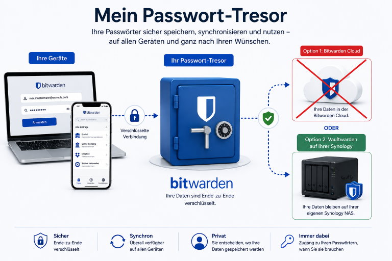 Funktionsweise eines verschlüsselten Passwort-Tresors mit Bitwarden und Vaultwarden