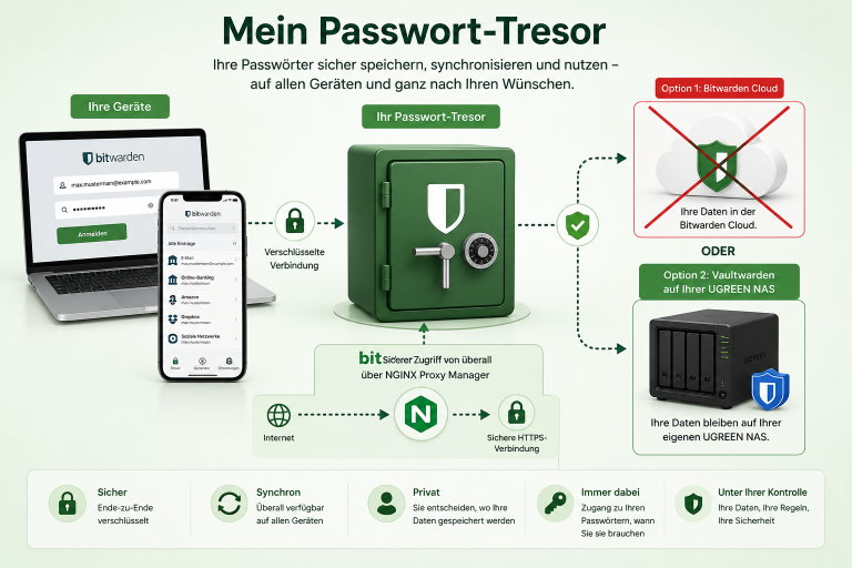 Funktionsweise eines selbst gehosteten Passwort-Tresors mit Bitwarden und Vaultwarden auf einer UGREEN NAS